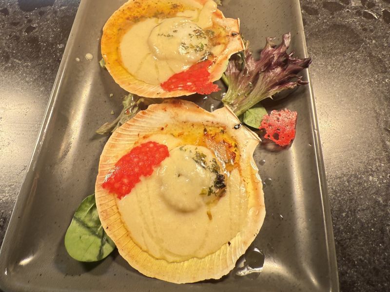 Grilled scallops served in the half shell with a creamy sauce